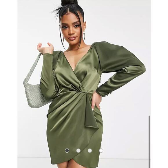 ASOS Design Satin Wrap Mini Dress Green Size 8 - Picture 1 of 8